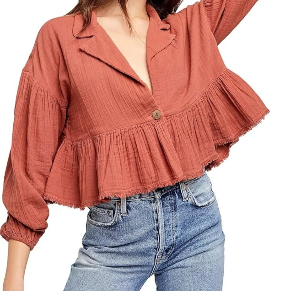 Free People Lyra Tiered Cropped Bed Jacket Orange - Size M